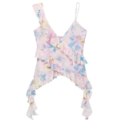 HXAO Leopard Mesh Top Women Tanks & Camis Summer 2025 Sexy Layered Sleeveless Tops For Woman Ruffled Backless Tulle Camisole 066