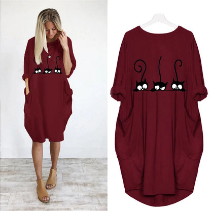 Women's Loose  Long Sleeved Summer Plus Size Dress Autumn  Winter Casual Round Neck Solid Color Long Sleeve Pocket Loose Pullove