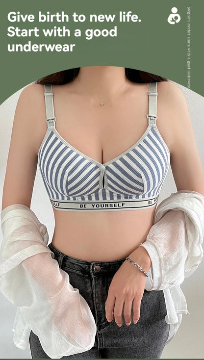 New Lightweight Breathable Maternity Breastfeeding Bra Made of Pure Cotton Gathered Anti Sagging Letter Stripe Women's Underwear