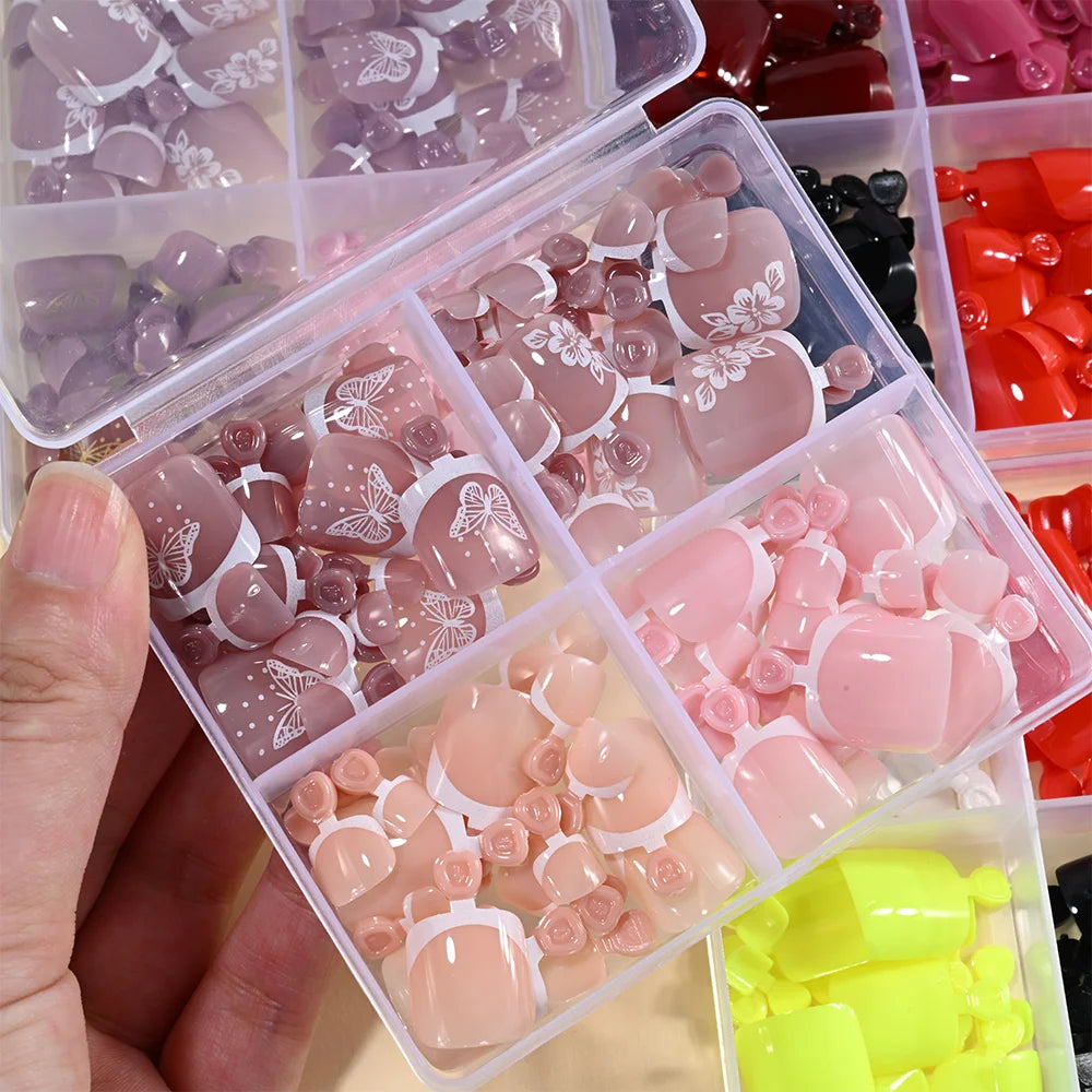 96Pcs/Box French Fake Toenails Butterfly/Flower Design Short Square  Press On Toenail Glossy Full Cover False Toe Nail Extension