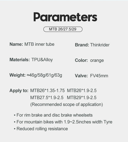 ThinkRider 1PSC Ultralight Bike Inner Tube 26 27.5 29 Inches MTB Bicycle TPU Material Tire 45mm French Valve Super Light