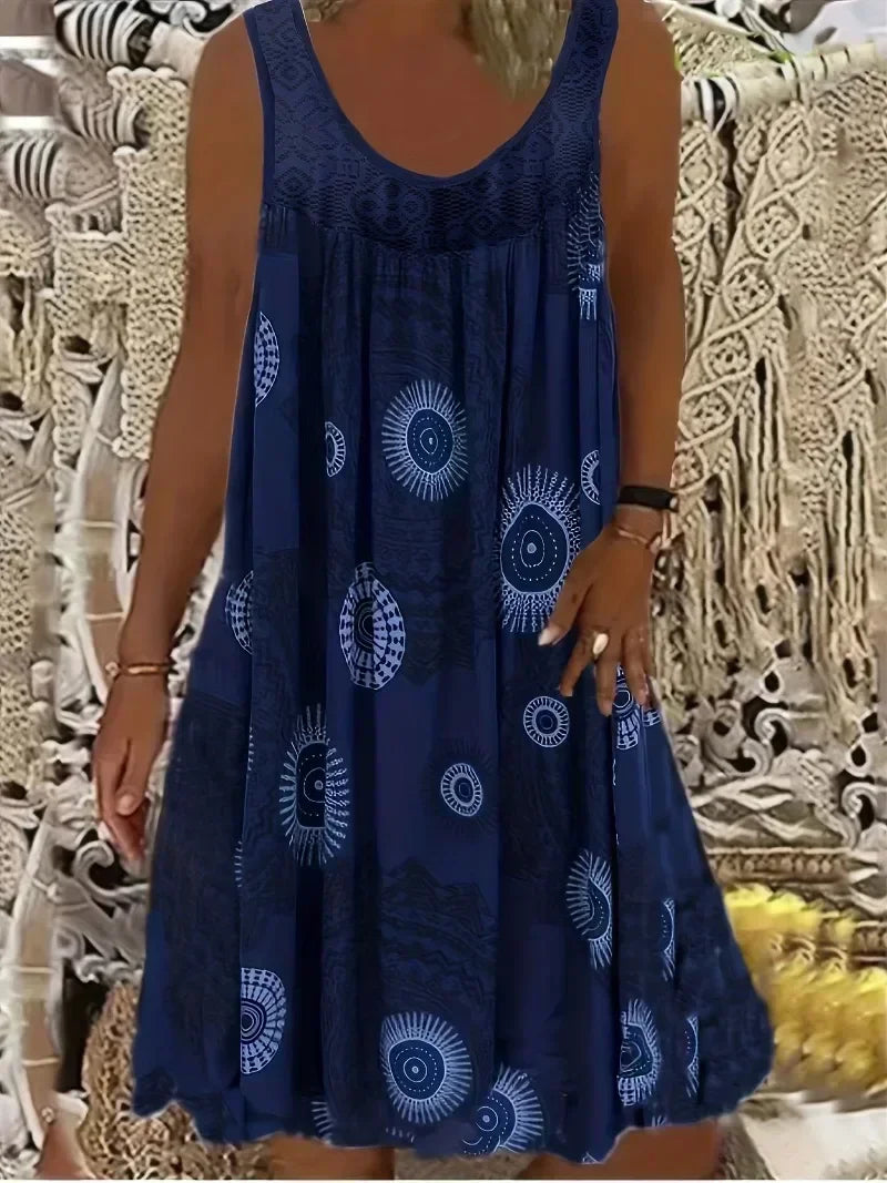 Plus Size 1XL-8XL Women's Lace Panel Printing Ladies Large Hem Tank Beach Dress Fashion Sleeveless Casual Print Dress