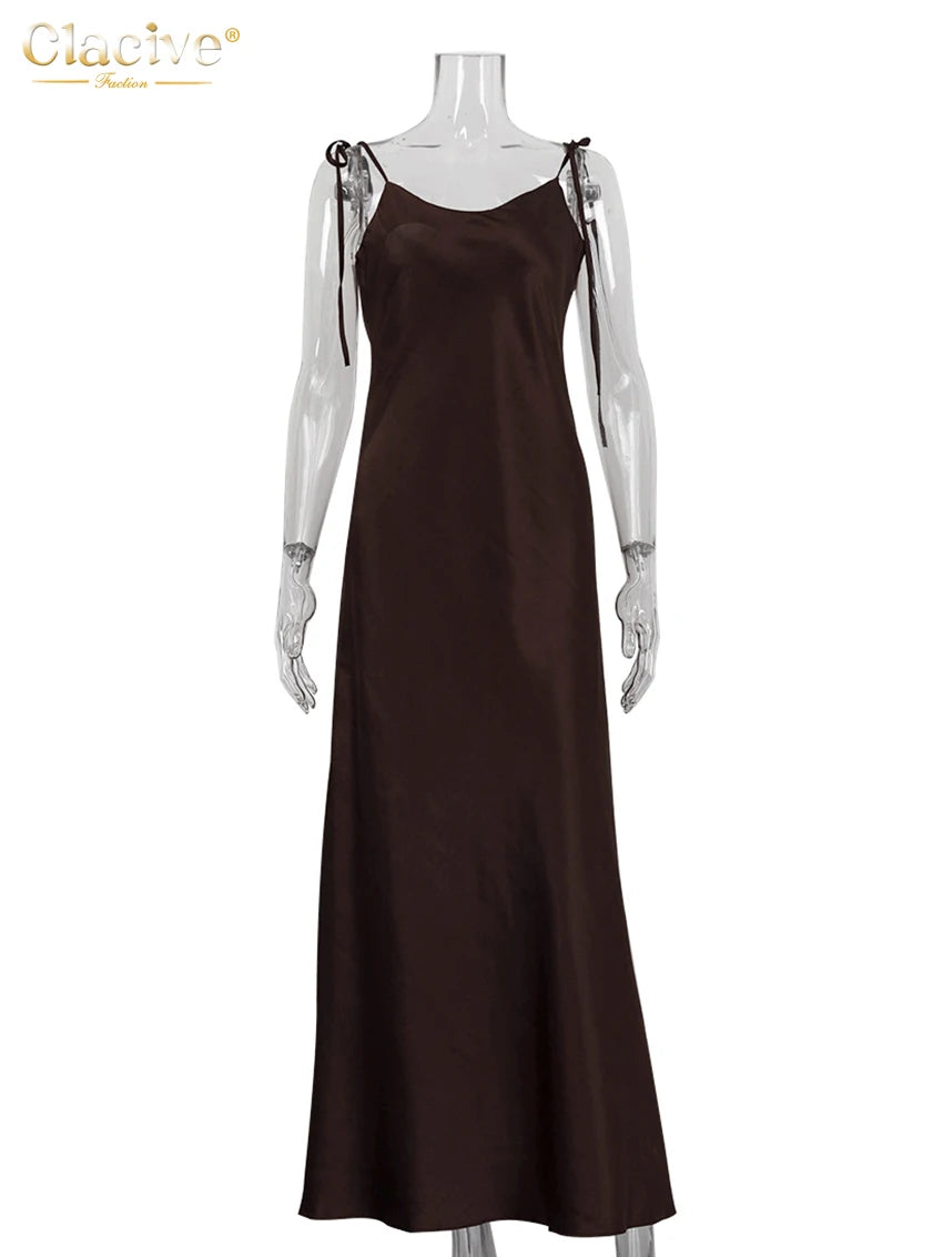 Clacive Fashion Loose Brown Satin Womens Dresses 2025 Summer Strap Sleeveless Floor Length Dress Sexy Backless Female Dress
