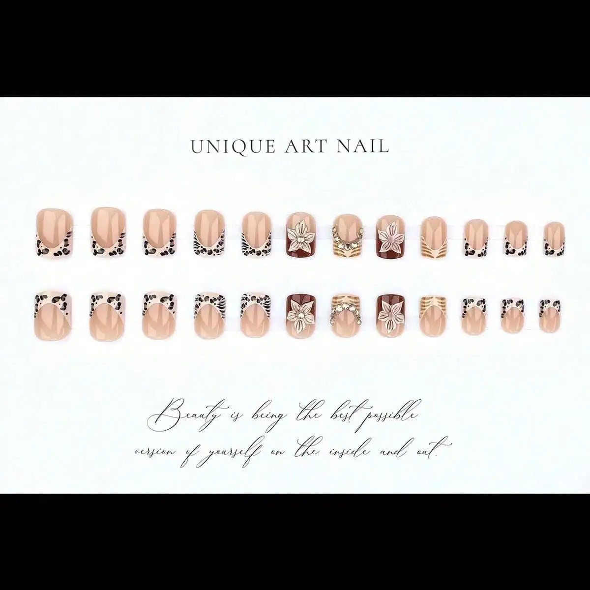 24pcs Leopard Print French False Nail Spicy Girls Flower Brown Short Square Fake Nails with Diamond Design Press on Nails Sets