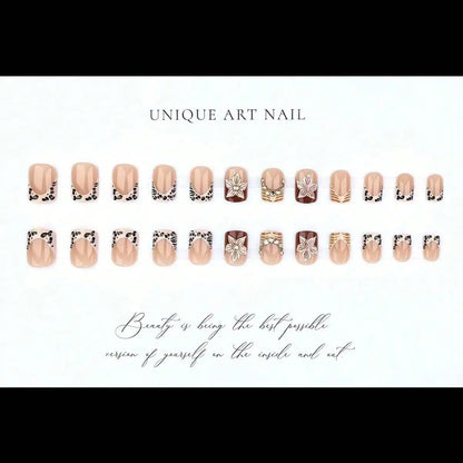 24pcs Leopard Print French False Nail Spicy Girls Flower Brown Short Square Fake Nails with Diamond Design Press on Nails Sets