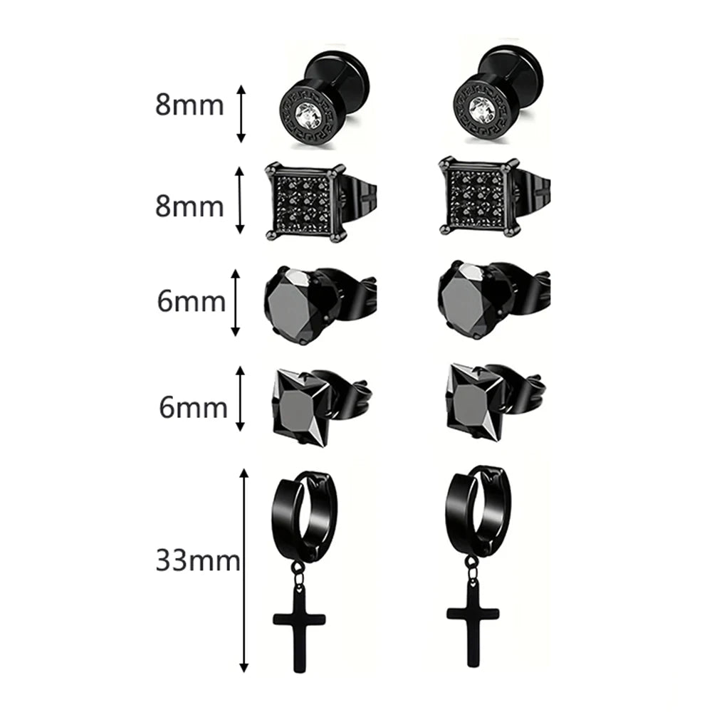 1-5 Pairs Stainless Steel Earrings Cross Dangle Hinged Earrings, Cubic Zirconia Stud Earrings For Men, Ear Piercing Jewelry
