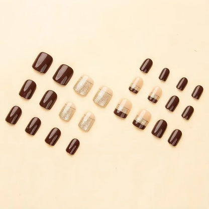 24pcs/set short square fake nails for women girls faux ongles fashion glitter geometric flowers design press on false nail kit
