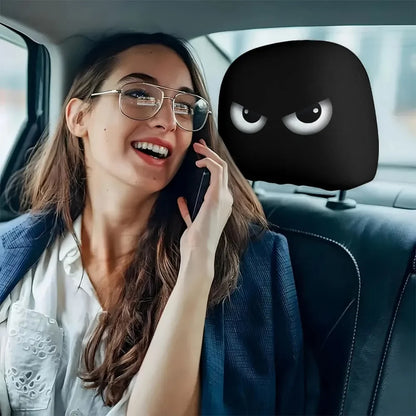 2PCS Funny Slanted Eyes Car Headrest Covers, Cartoon Face Elastic Protector for Halloween Christmas, Holiday Auto Decor