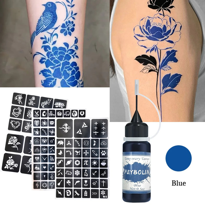 Long-Lasting Temporary Tattoo Inks with 3 Tattoo stickers Kit,Freehand Painting Gel for Makeup Trend Party Tattoos for Face Body