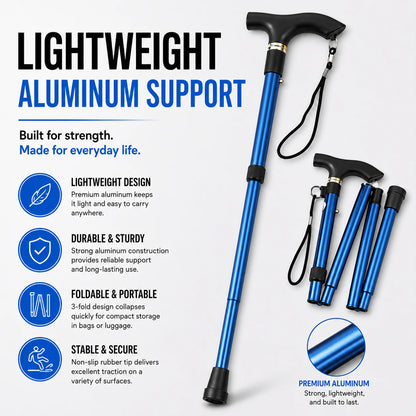 Foldable Walking Cane Adjustable Lightweight Aluminum Travel Cane T Handle Anti Slip Rubber Tip Portable Stick Senior Travel Aid