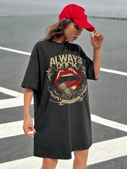 Ladies' spring and summer casual loose plus size bee bow pattern printed round neck short sleeved T-shirt dress
