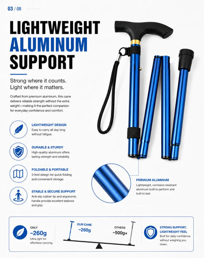Foldable Walking Cane Adjustable Lightweight Aluminum Travel Cane T Handle Anti Slip Rubber Tip Portable Stick Senior Travel Aid