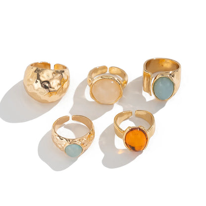 Ingemark 5Pcs/Set Retro Gold Color Irregular Metal Ring for Women Bohemian Open Adjustable Wide Ring Aesthetic Y2K Jewelry Gift