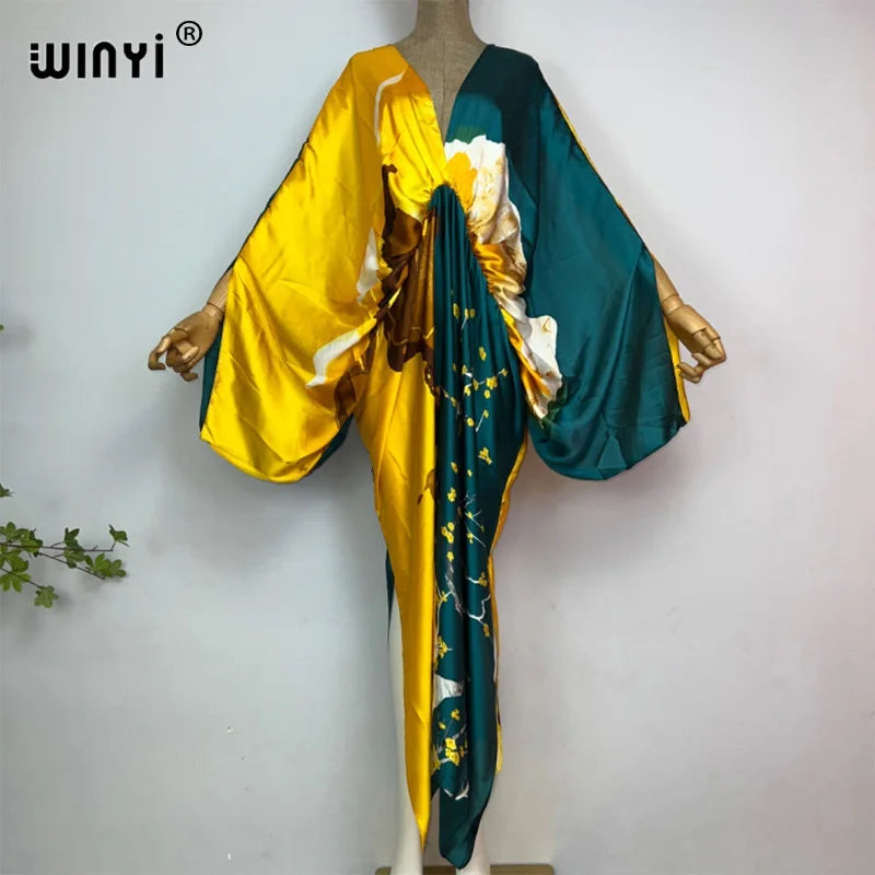 Sexy bech high-quality hand-rolled feel silk rayon fashion print 2021 WINYI Maxi women's robes long beach V-neck Bohemian dress