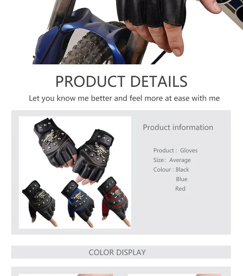 Pirate Captain PU Leather Fingerless Gloves Men Women Skulls Rivet Mitts Hip Hop Gym Gloves Female Moto Half Finger Gloves
