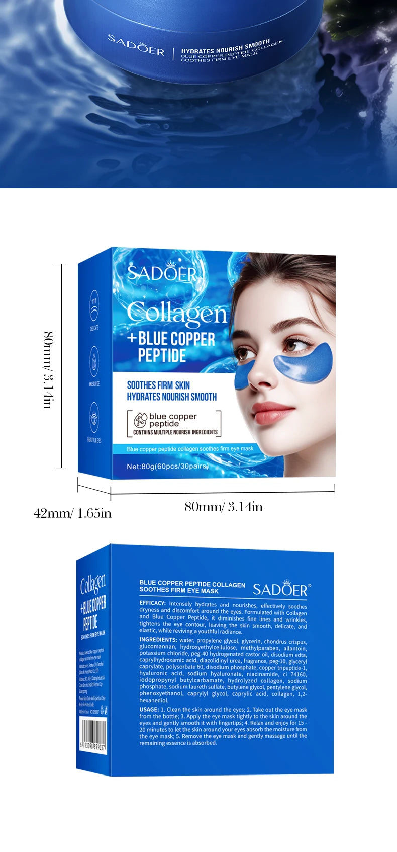 60pcs SADOER Caffeine Crystal Collagen Eye Mask Anti Dark Circles Ant -Aging Anti Wrinkles Moisturizing Eye Patches Skin Care
