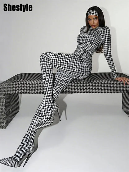 Shestyle Plaid Bodycon Jumpsuits Women with Stocking Sporting Turtleneck Casual Winter Fashion New Zipper Fitness Clothing New