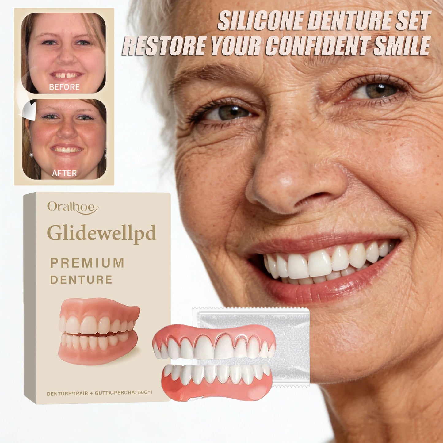 Full Denture Fake Teeth User Friendly Natural Safe Silicone Upper & Lower Veneers Perfect Laugh Veneers Dentures Paste Fake Teet