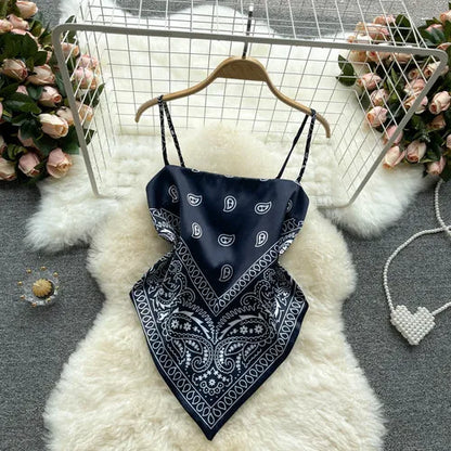 Women Sexy Backless asymmetrical lace-up Camis Print Tank Top Chic One-piece Corset Bustier Summer Beach vacation Crop Top