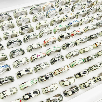 10Pcs Night Glow Stainless Steel Ring For Men Punk Hip-Hop Mixed Styles Rings Party Daily Wear Trend Finger Accessories Jewelry