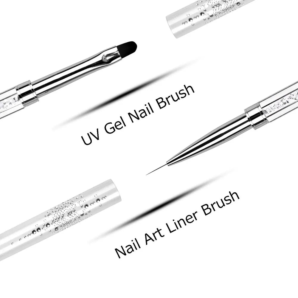 Pro Dual-Ended Builder Gel Nail Art Brush Rhinestone Handle for Painting French Tip Nail Brush Polish Gel Liner Manicure Tools