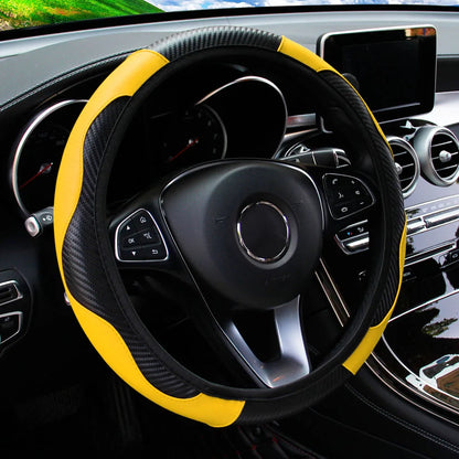 Universal Fit PU Carbon Fiber Leather Car Steering Wheel Cover 14.5-15 Inch No Inner Ring Required Vehicle Decoration Accessory