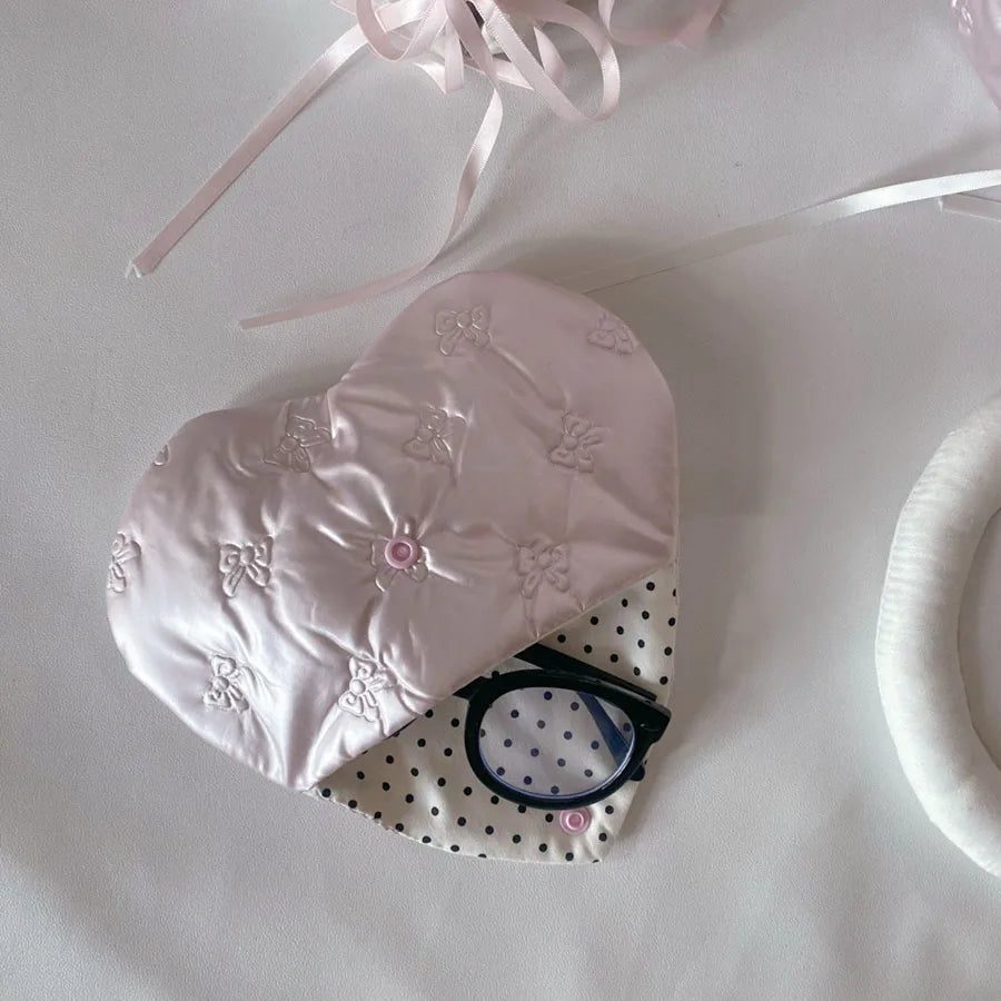 Glasses Pouch Bow Embossed Heart Pink PU Leather With Patterns Heart Shaped Eyewear Storage Case Bow Pouch Eyewear Accessory