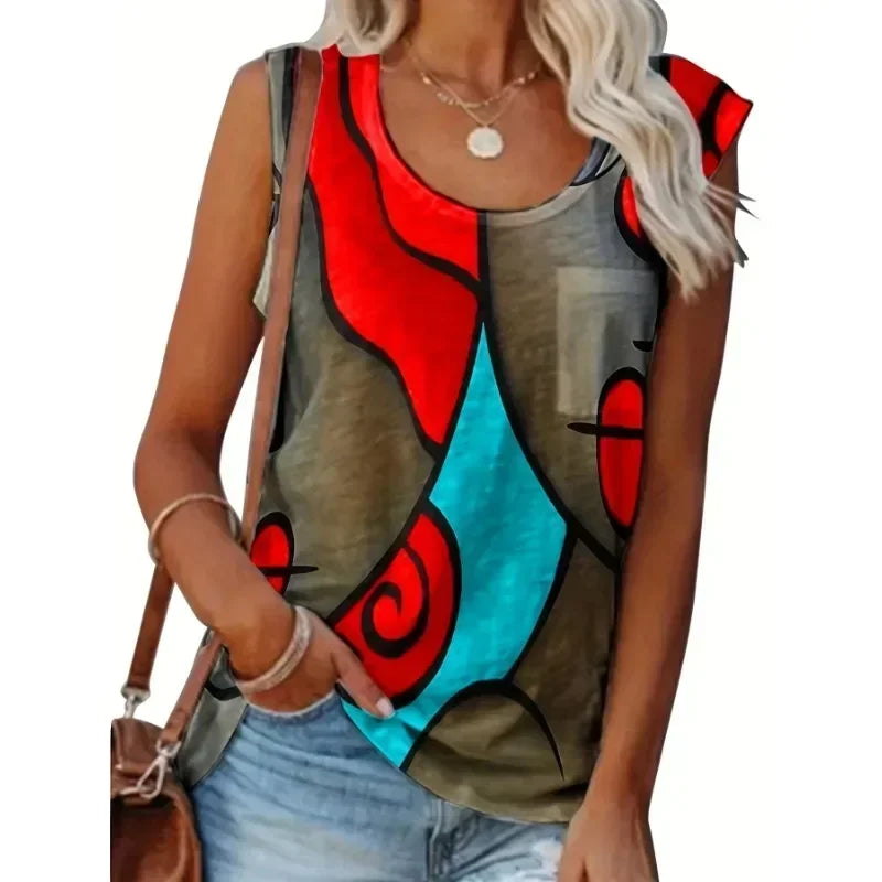 Plus Size 1XL-8XL Women's Fashion Sleeveless Colorblock Print Tanks Ladies Casual Crew Neck Summer Vest Tank Top