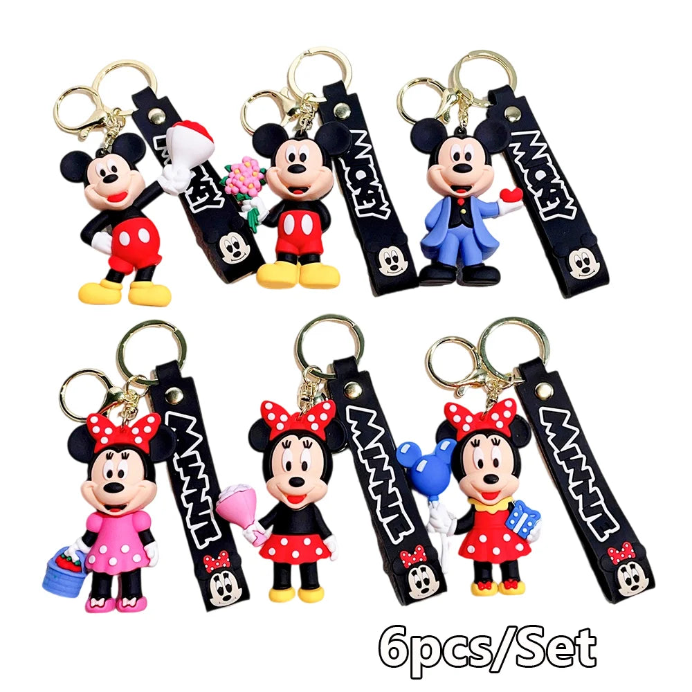 Mickey Minnie Flower Series PVC Figure Keychain Set, 6PCS Cute Cartoon Couple Key Rings with Floral Design for Bag Gift