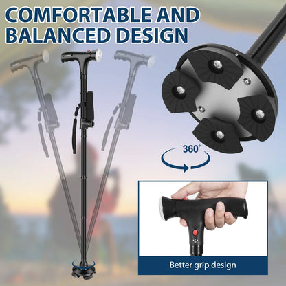 Folding Cane Elder Crutches With LED Light Four-legged Anti Slip Aluminum Alloy Telescopic Walking Cane Flashlight SOS Alarm