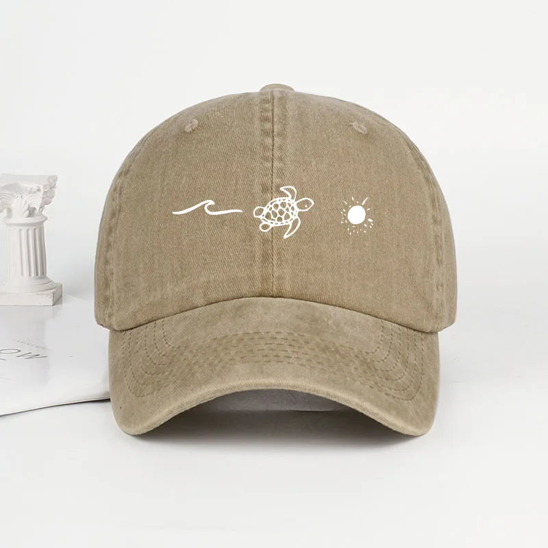 Retro Washed Baseball Cap with Wave, Turtle, and Sun Print – Unisex Adjustable Dad Cap – Summer Beach Sun Hat