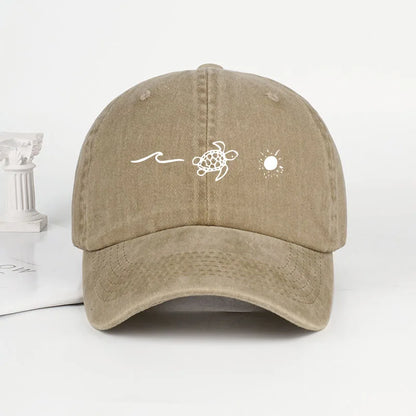 Retro Washed Baseball Cap with Wave, Turtle, and Sun Print – Unisex Adjustable Dad Cap – Summer Beach Sun Hat