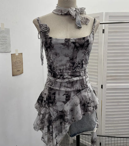 Women's Vintage Tie-dye Printed Mesh Spaghetti Strap Camisole Hot Girl Irregular Ruffled Ribbon Sleeveless Top Partyclub 1185