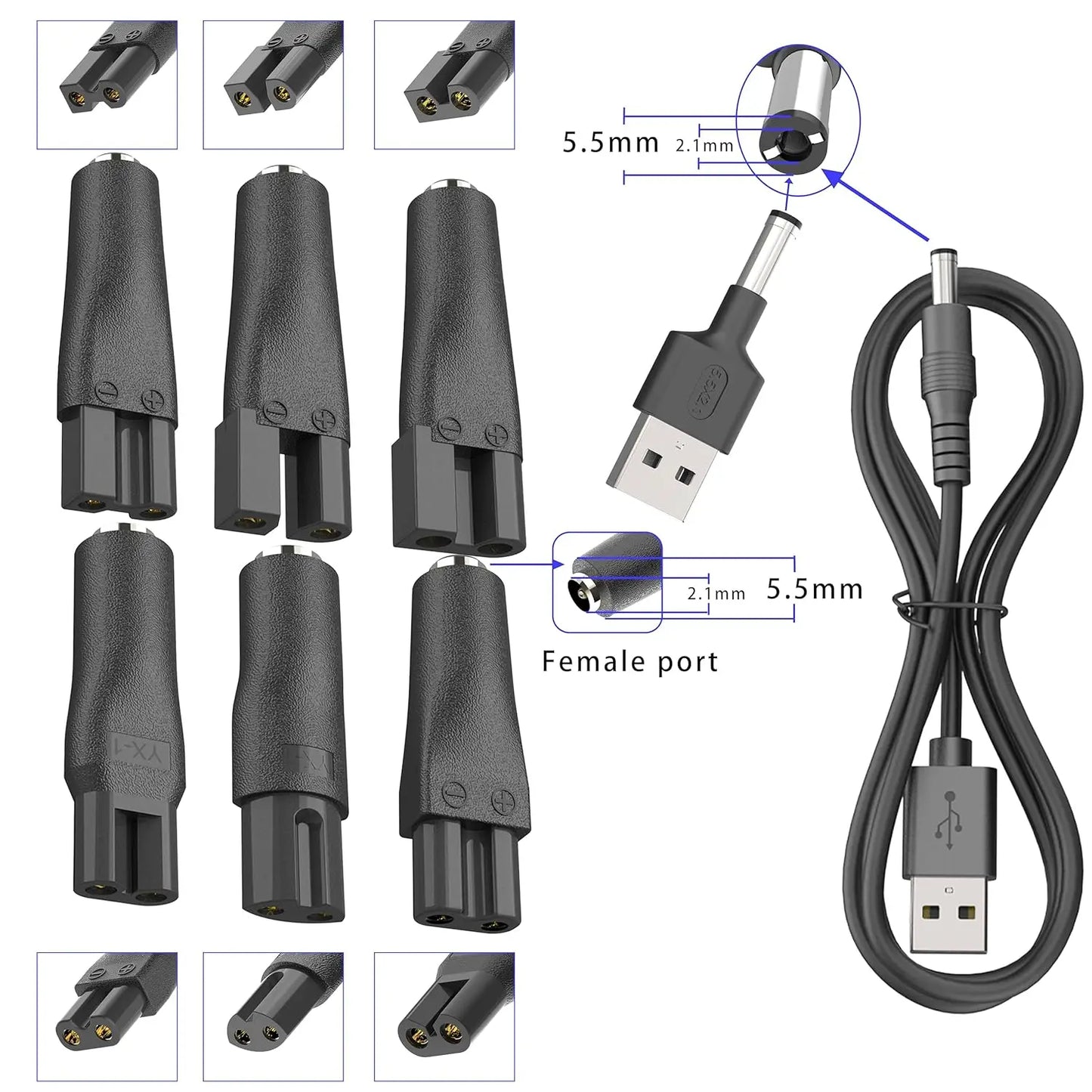 LISI 8 PCS Power Cord 5V Universal Replacement Charger USB Adapter for All Kinds Hair Clippers Beard Trimmers Shavers Desk Lamps