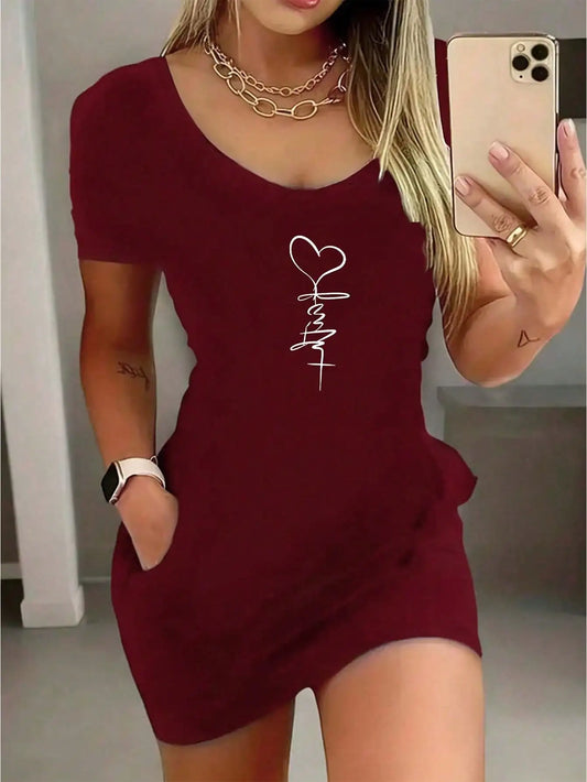 2026 new women's sexy heart-shaped round neck short sleeved dress and skirt, suitable for summer wear