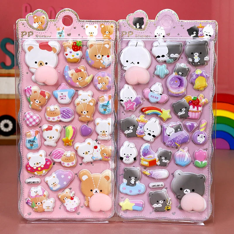 2PCS Cartoon Sticker 3D Puffy Squishy Stress Relief Rabbit Capybara Bear for Phone Case Laptop Decoration Journal DIY Collage Ch