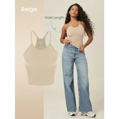ODODOS Women's Crop 3-Pack Seamless Rib-Knit Camisole Crop Tank Tops