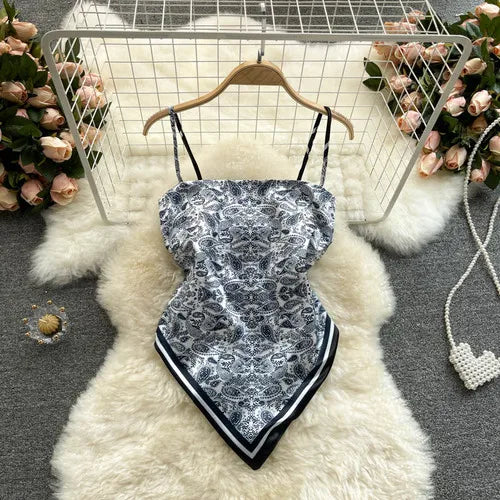 Women Sexy Backless asymmetrical lace-up Camis Print Tank Top Chic One-piece Corset Bustier Summer Beach vacation Crop Top