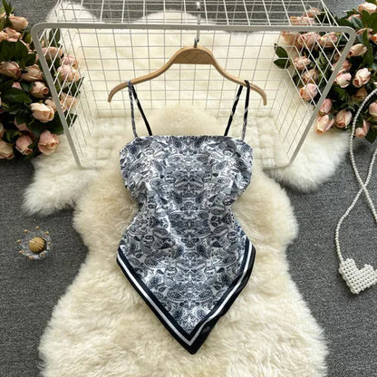 Women Sexy Backless asymmetrical lace-up Camis Print Tank Top Chic One-piece Corset Bustier Summer Beach vacation Crop Top