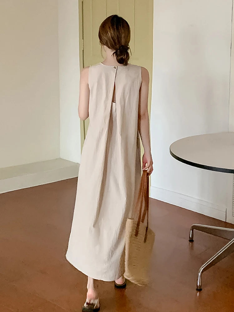 NYFS 2026 Summer New Korea Woman Dress Vestidos Robe Elbise Loose Plus Size Solid Sleeveless Backless Long Dress L-4XL