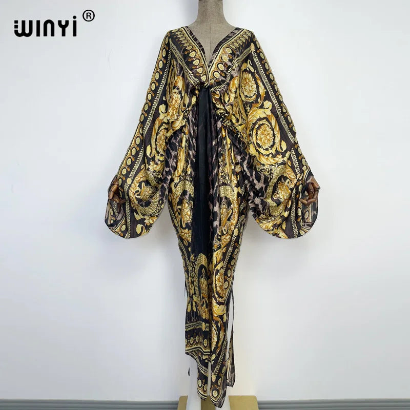Sexy bech high-quality hand-rolled feel silk rayon fashion print 2021 WINYI Maxi women's robes long beach V-neck Bohemian dress