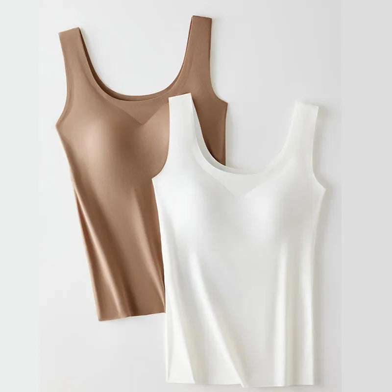 M-2XL Ice Silk Seamless One-piece Bottoming Tank Tops with Chest Pads Women Inner Outerwear Wide Shoulder Sleeveless Tops