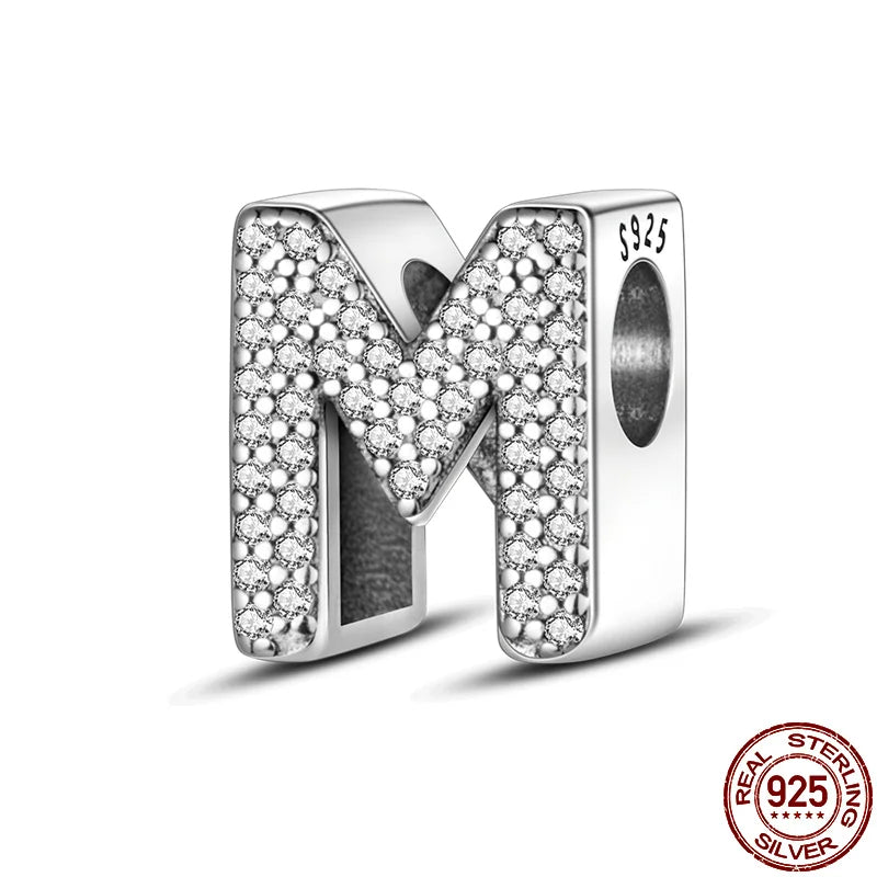Original 925 Sterling Silver 26 Alphabet Letters Sparkling Zircon Charms Pendant Beads For Women Fine DIY Birthday Jewelry Gifts