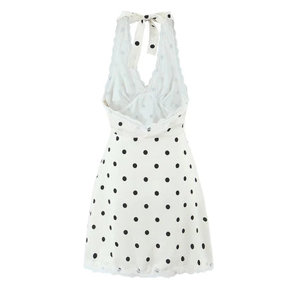 YENKYE Lace Spliced Polka Dot Halter Dress Women Elegant A-line Mini Sexy Backless Dresses Summer Robe 2025