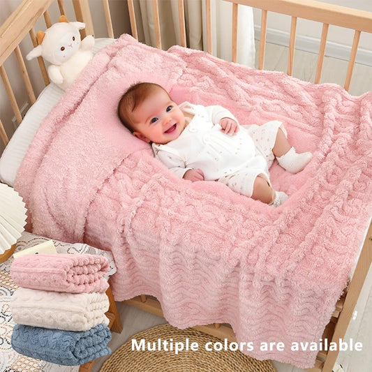 1 Coral Fleece Blanket for Babies and Children - Ultra Soft Striped Warm Parabolic Design, All-Season Bedding, Suitable for Nursery, Infants, Toddlers, and Teenagers (White/Pink/Blue) Nap Blanket, Essential for a Cozy Bedroom
