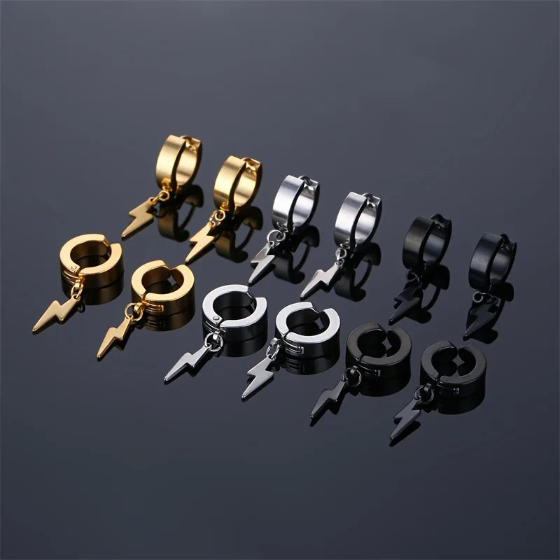 1pair Stylish Stainless Steel Lightning Pendant Piercing Hoop Earrings Ear Clip for Men Women Bold and Eye-Catching Statement