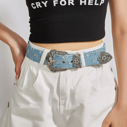 Women's Retro Casual Trend Rhinestone Buckle Belt, Street Ripped Denim Style Punk Rock Versatile Fashion Accessory，For Men Women