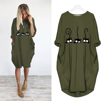 Women's Loose  Long Sleeved Summer Plus Size Dress Autumn  Winter Casual Round Neck Solid Color Long Sleeve Pocket Loose Pullove