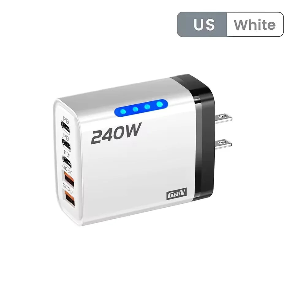 5 in 1 GaN USB C Desktop Charger 240W Fast Charge Phone Adapter braid Type C Cable For iPhone Samsung Xiaomi EU/US Plug Charger