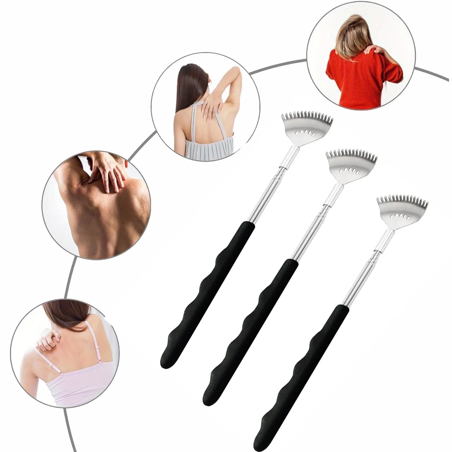 Extendable Back Scratcher the head has 15 rakes, Stainless Steel Portable Telescopic Rubber Handle Back Scratchers